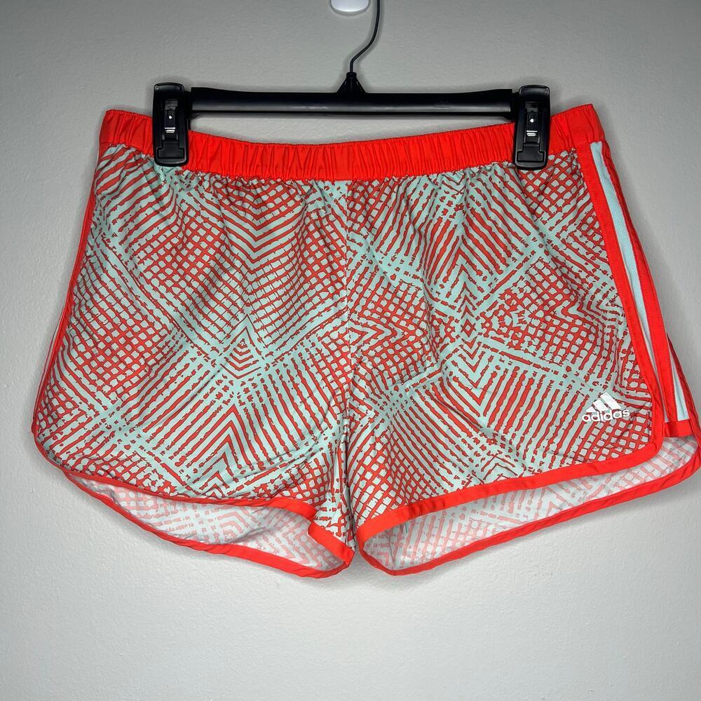 Adidas Women's Medium Climalite Running Shorts Drawstring Orange Blue Athletic